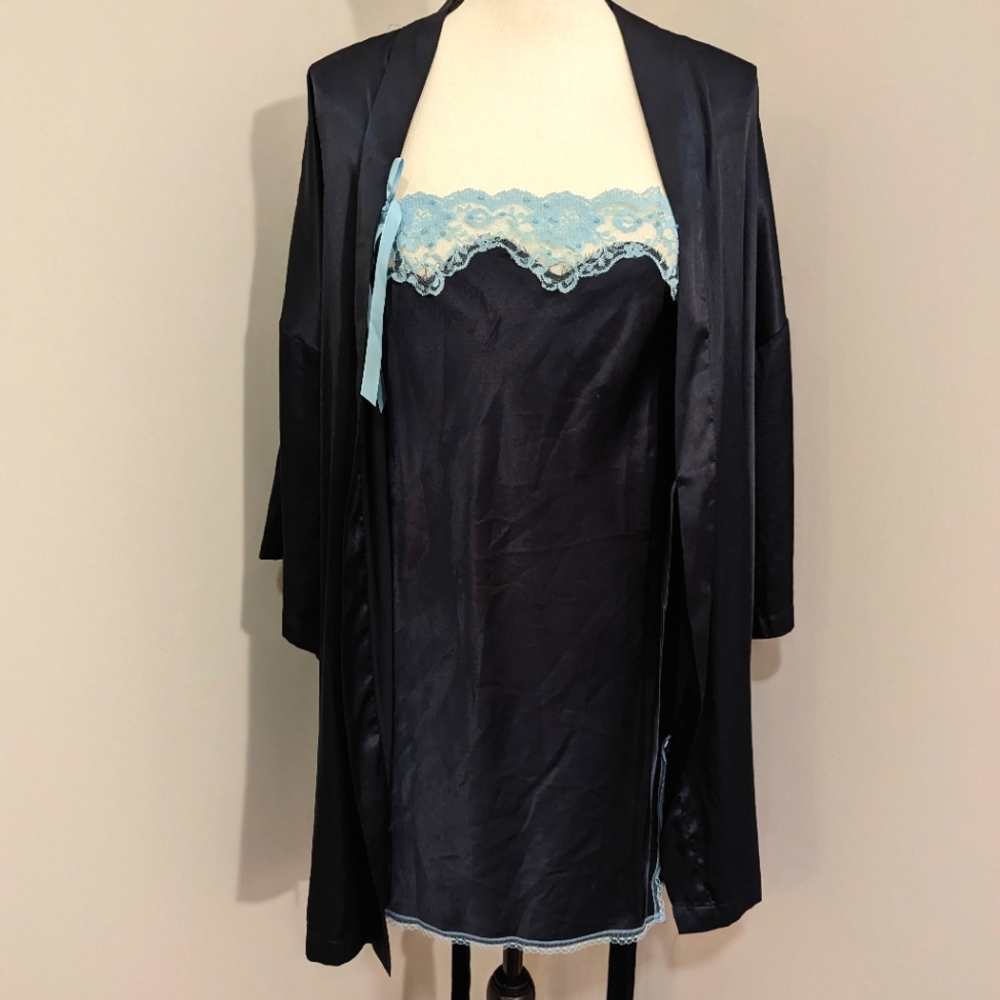 Victoria secret angels dark blue nightgown and robe satin set
